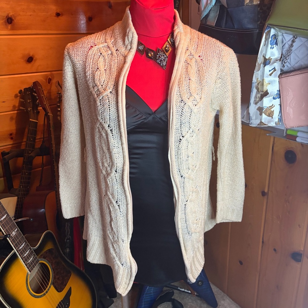 Women’s Chunky Cable Knit Over sized Beige Zip Sweater Sz M Academia Coastal